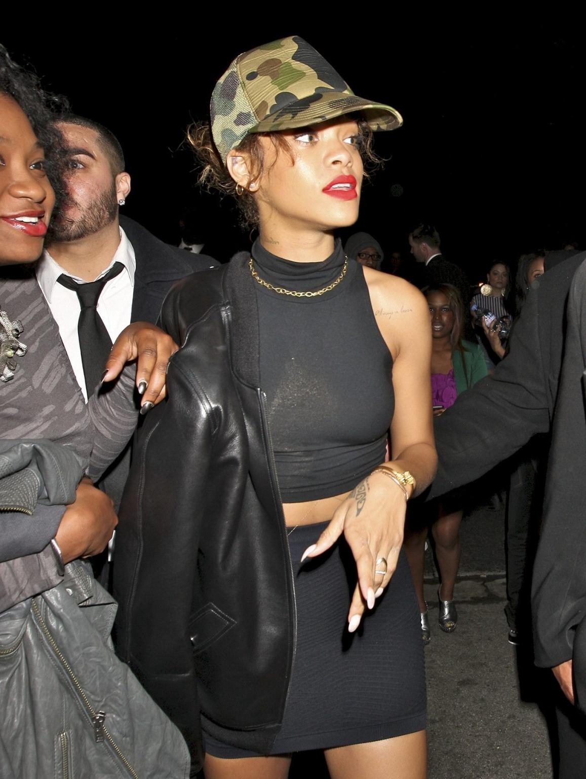 16P Rihanna braless  sweaty wearing see through dress in LA