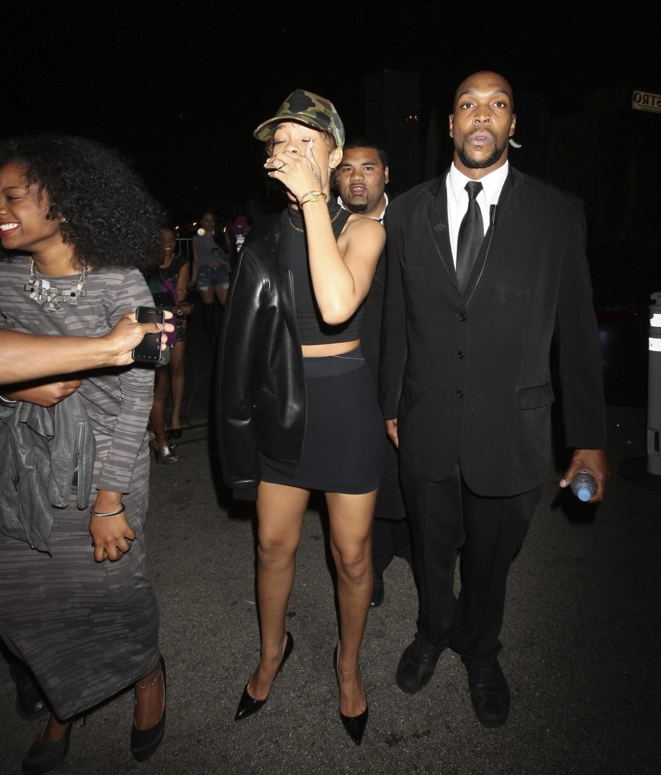 16P Rihanna braless  sweaty wearing see through dress in LA