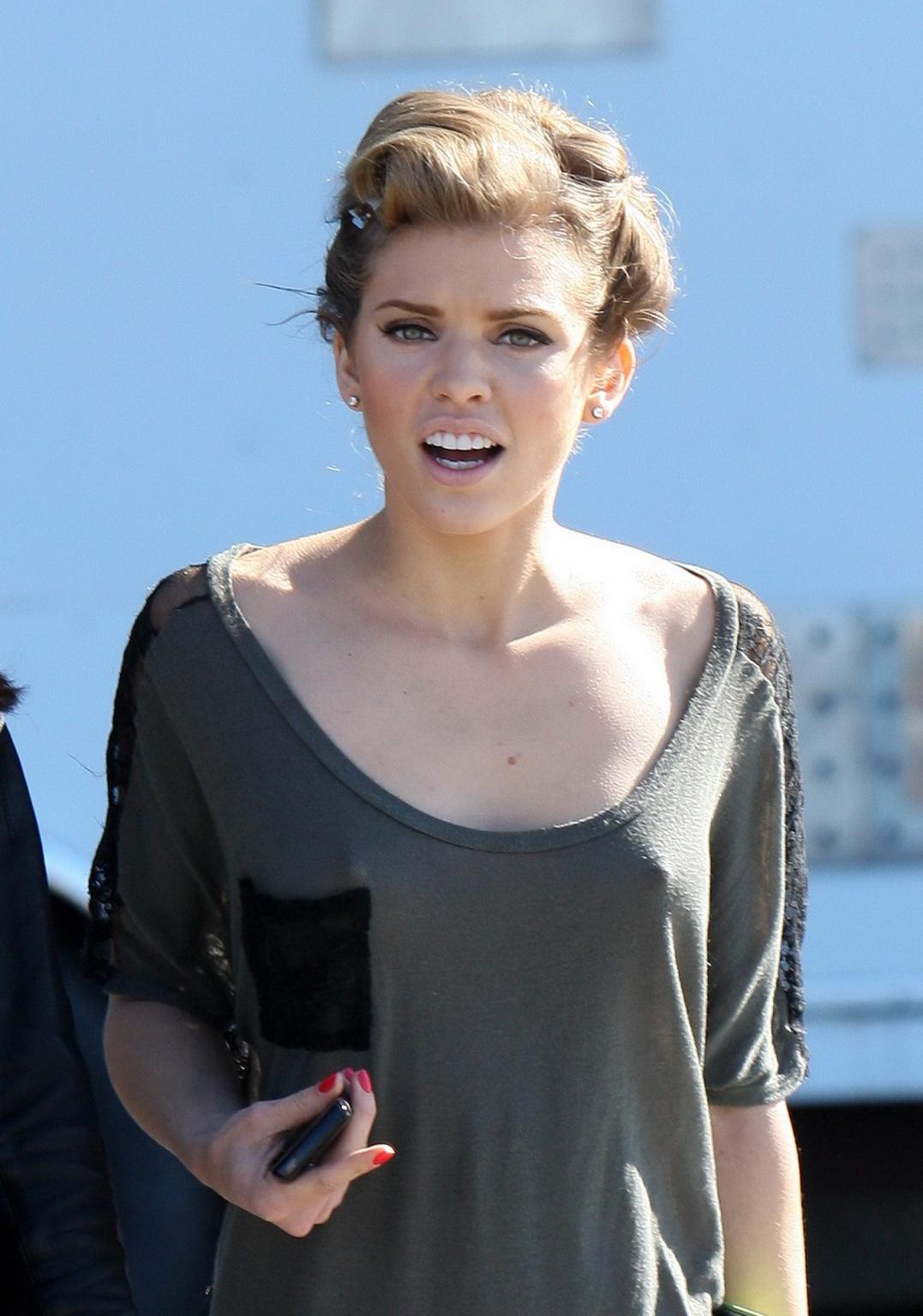 16P AnnaLynne McCord braless wearing see through top on the '90210' set in LA