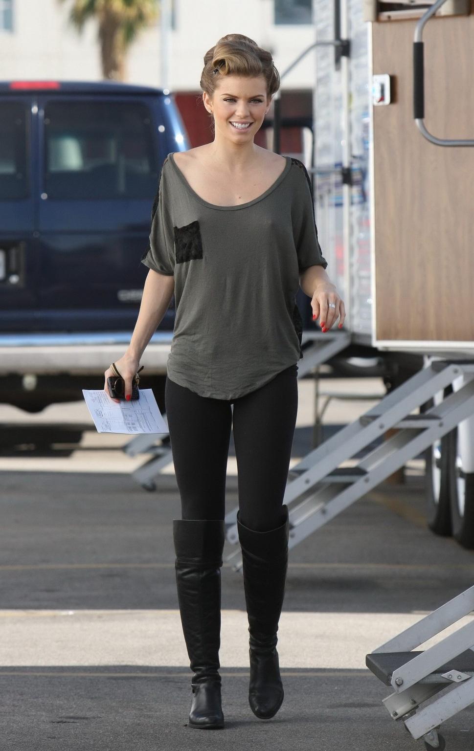 16P AnnaLynne McCord braless wearing see through top on the '90210' set in LA