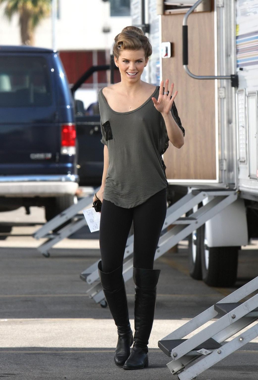 16P AnnaLynne McCord braless wearing see through top on the '90210' set in LA