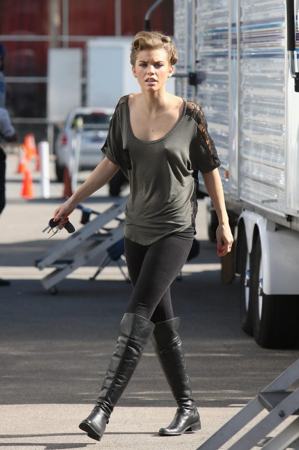 16P AnnaLynne McCord braless wearing see through top on the '90210' set in LA