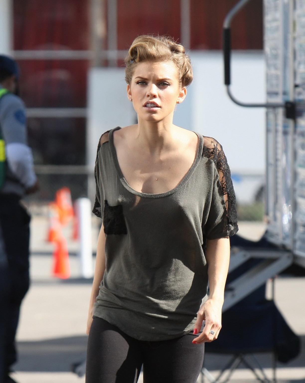 16P AnnaLynne McCord braless wearing see through top on the '90210' set in LA