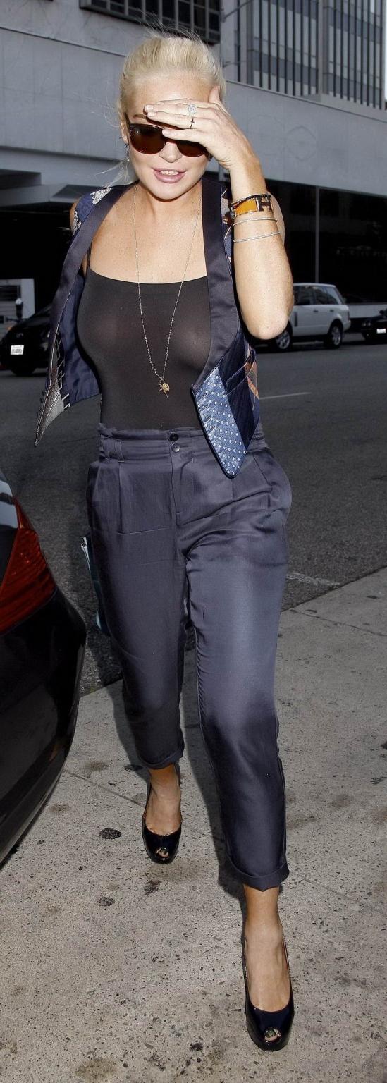 16P Lindsay Lohan braless in see-through top heading to Mr. Chow in Beverly Hills