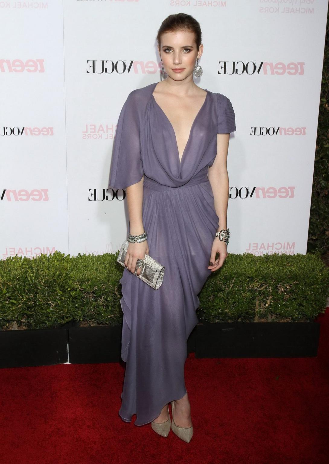 16P Emma Roberts braless wearing wide open see-through gown at Teen Vogue Young Holl