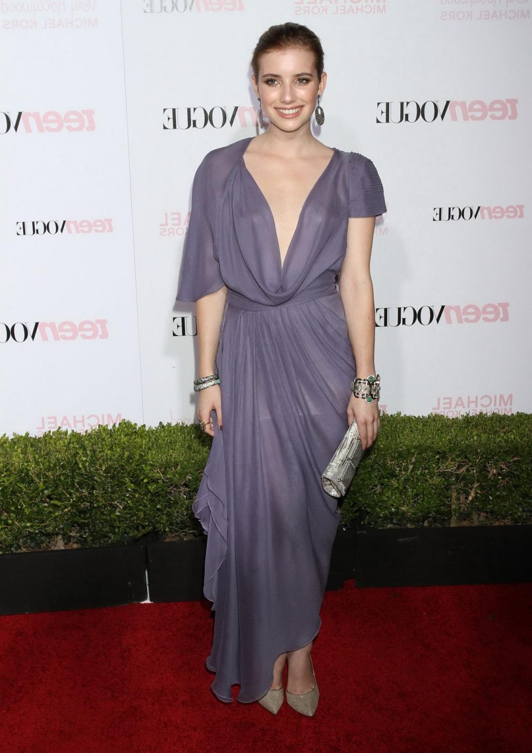 16P Emma Roberts braless wearing wide open see-through gown at Teen Vogue Young Holl