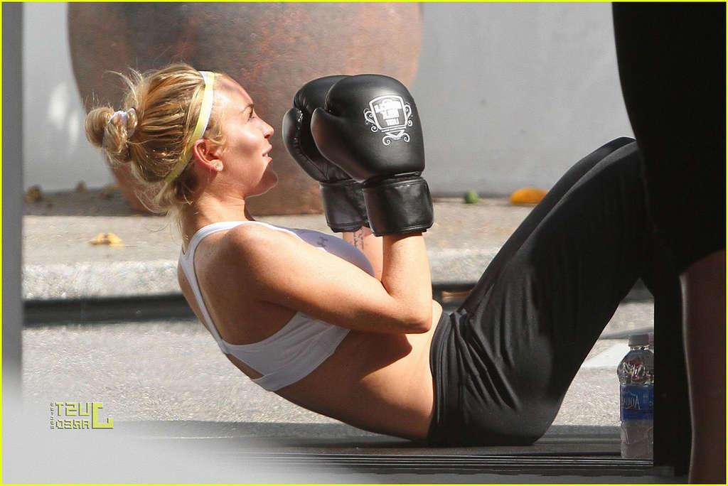 16P Lindsay Lohan in white sport bra learning boxing and downblouse