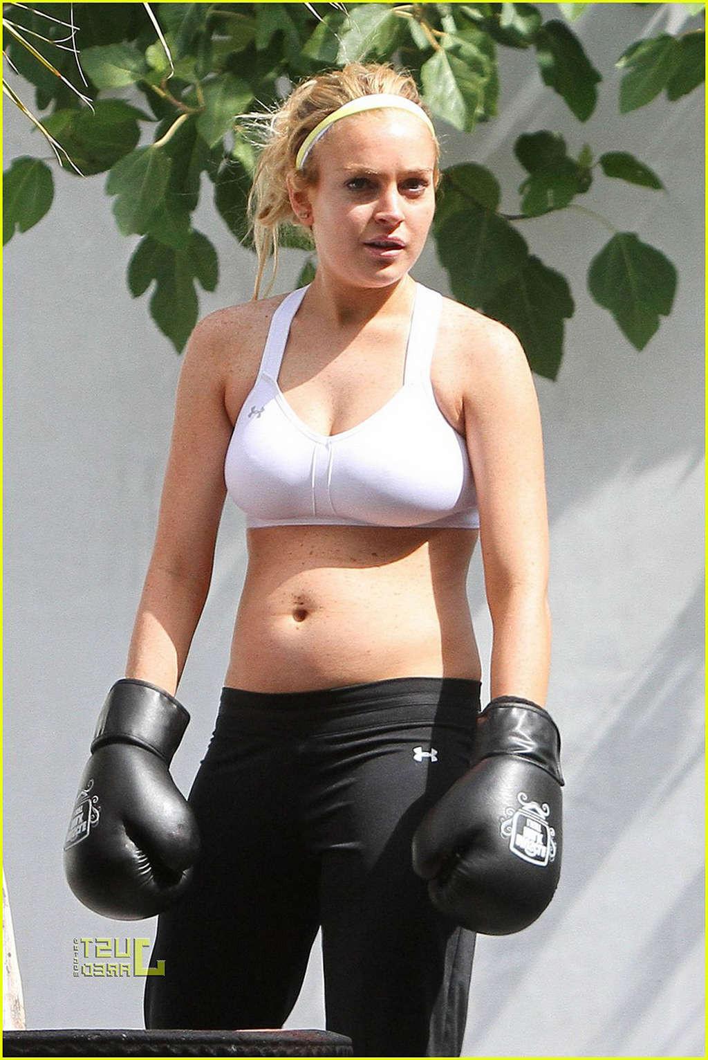 16P Lindsay Lohan in white sport bra learning boxing and downblouse