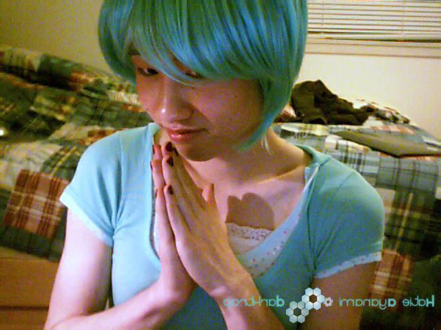 16P Young japanese newhalf in blue wig tease