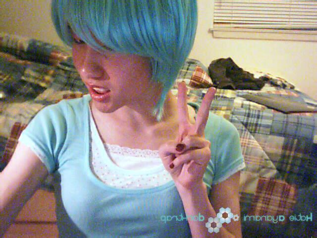 16P Young japanese newhalf in blue wig tease