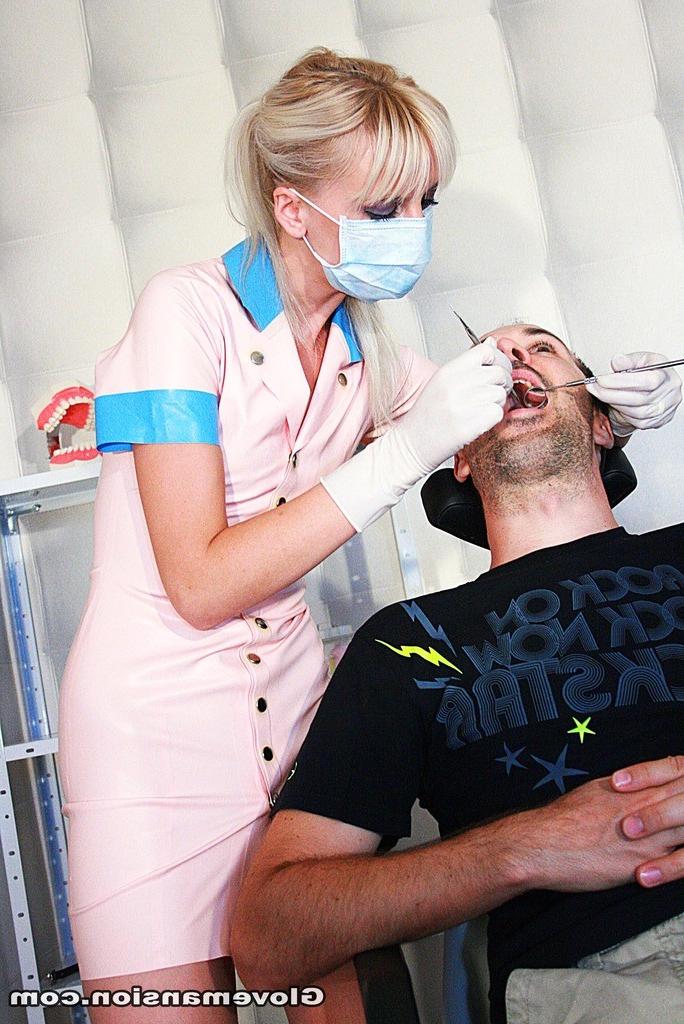 15P Latex gloved kinky european blond dentist giving a guy a handjob