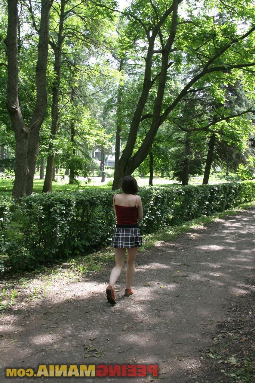 15P Forest pissing upskirt and pee-wet panties flashing by a glassed gal