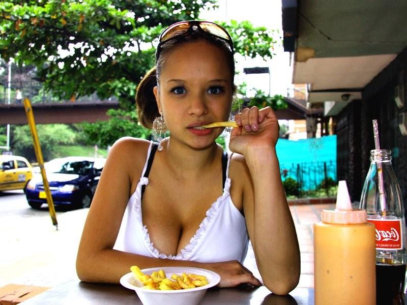 16P Busty teen Paris Milan eating a burger with fries