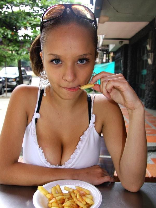 16P Busty teen Paris Milan eating a burger with fries