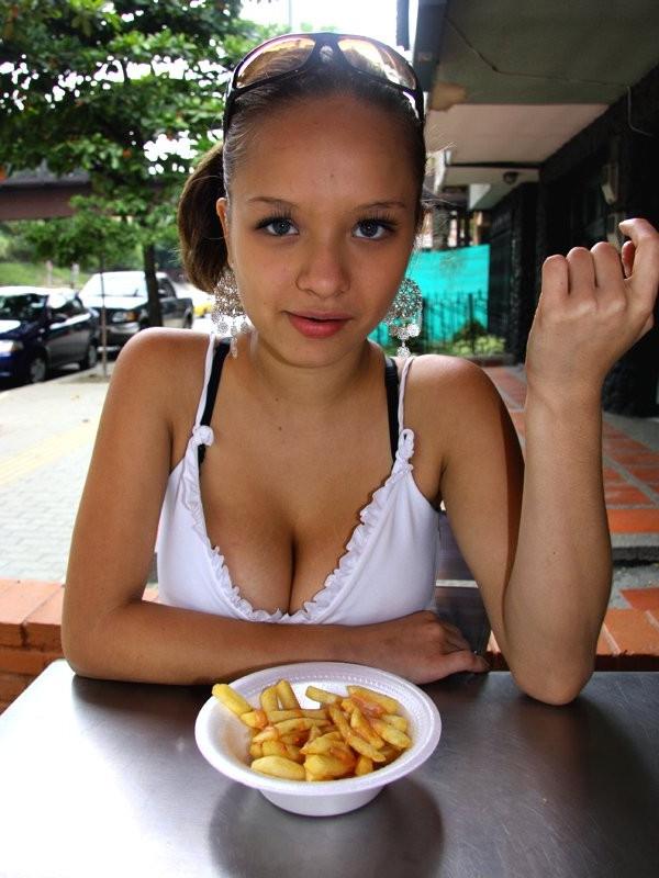 16P Busty teen Paris Milan eating a burger with fries