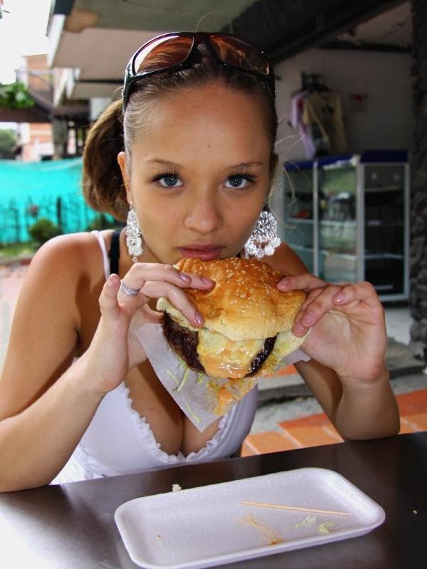 16P Busty teen Paris Milan eating a burger with fries