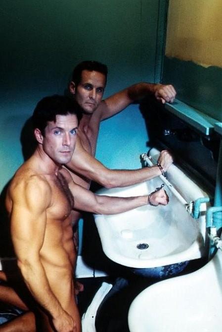 20P A strict cop getting sucked by two muscle suspects in a toilet