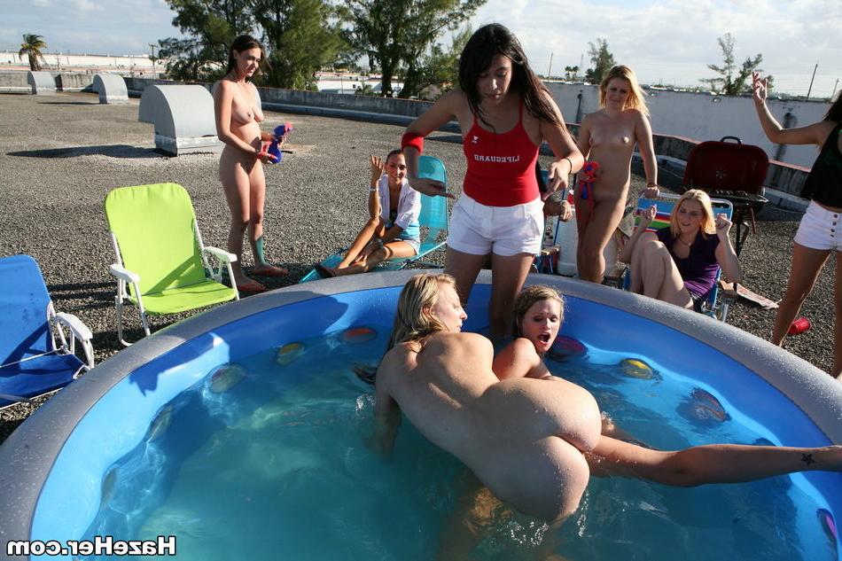 15P Wet amateur college teen lesbians wrestle at sorority pool party