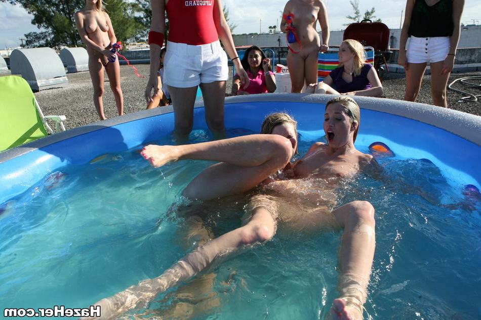 15P Wet amateur college teen lesbians wrestle at sorority pool party