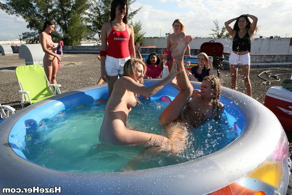 15P Wet amateur college teen lesbians wrestle at sorority pool party