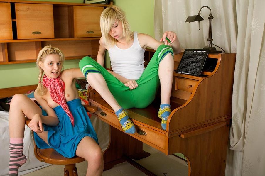 17P Two young exciting blonde lezzies kissing and teasing each other