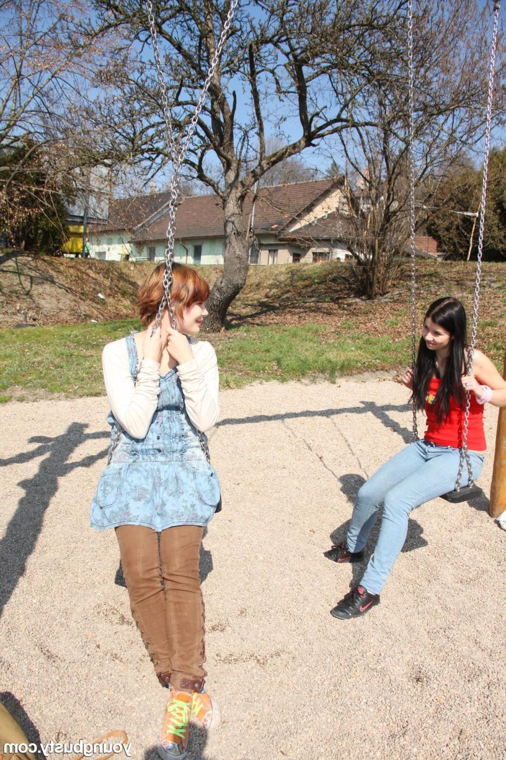 15P Young busty lesbian teens lick and finger pussies outdoors
