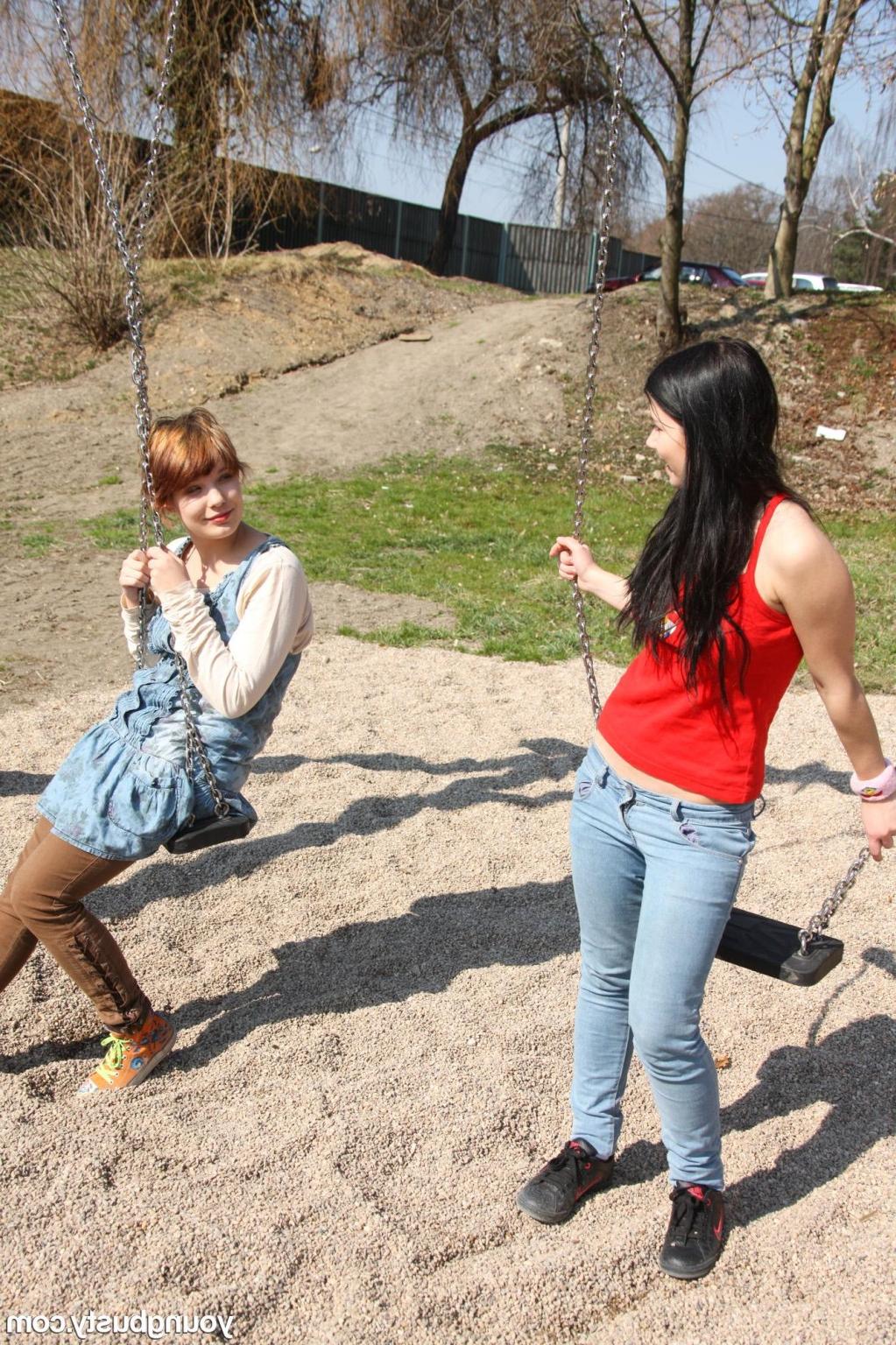 15P Young busty lesbian teens lick and finger pussies outdoors