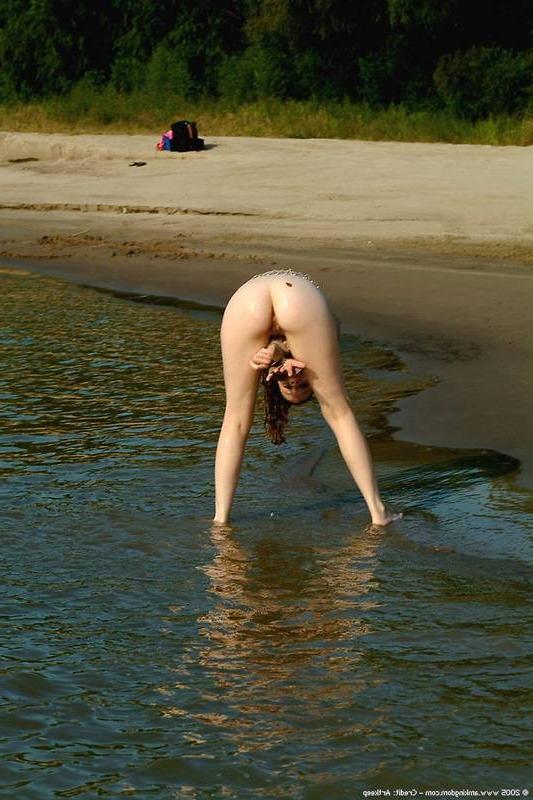 15P Flat chested teen jumps in the pond naked
