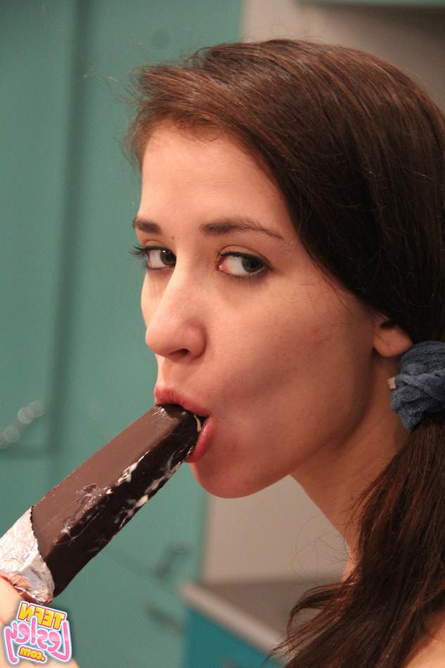 15P Skinny eighteen year old dips perky nipples in frozen ice cream
