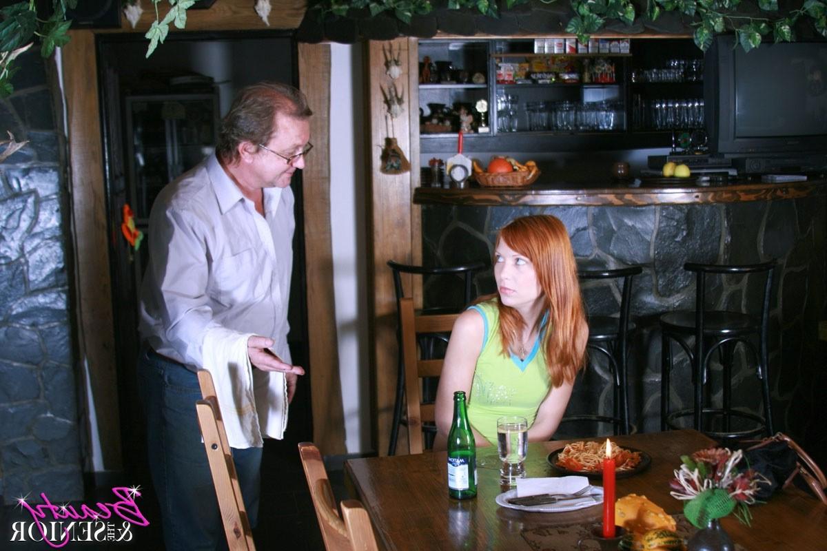 12P Redhead beauty punishes senior waitor and then spoils him