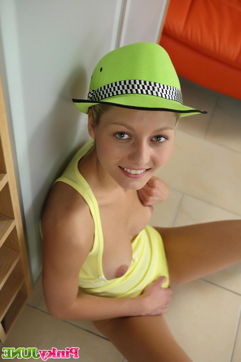 15P Blond and blue-eyed teen Pinky June spreading and masturbating