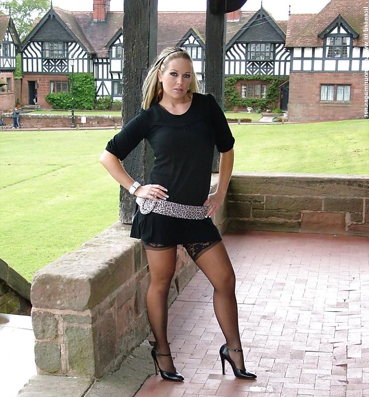 10P Blonde Flashes her Sheer Black Hold Up Stockings Outside