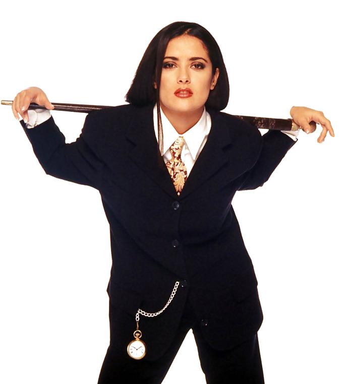 8P Salma Hayek in men's suit.