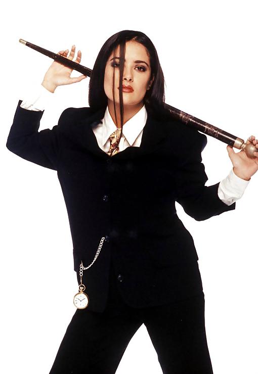 8P Salma Hayek in men's suit.