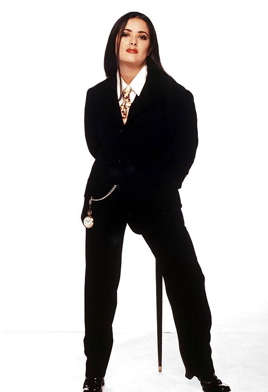 8P Salma Hayek in men's suit.