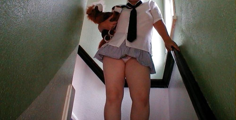25P Wife in her little striped skirt