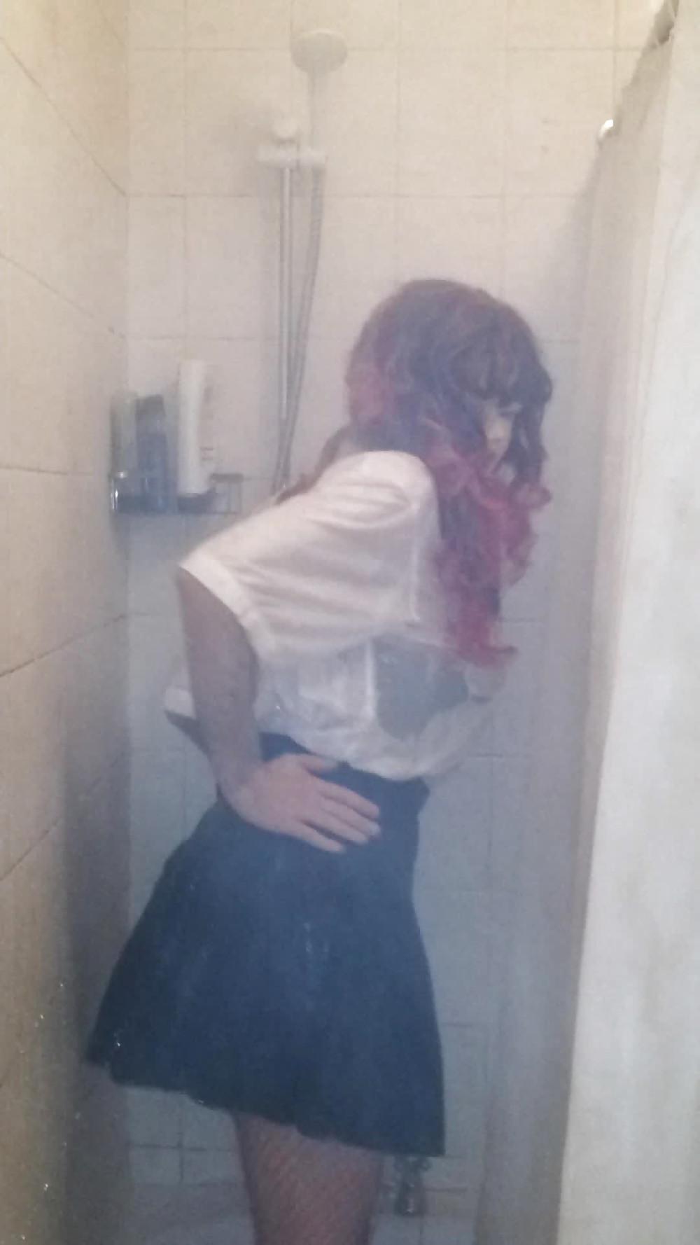 21P CD In the Shower in Black corset with red