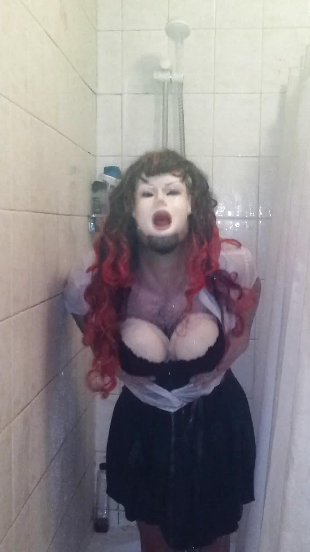 21P CD In the Shower in Black corset with red