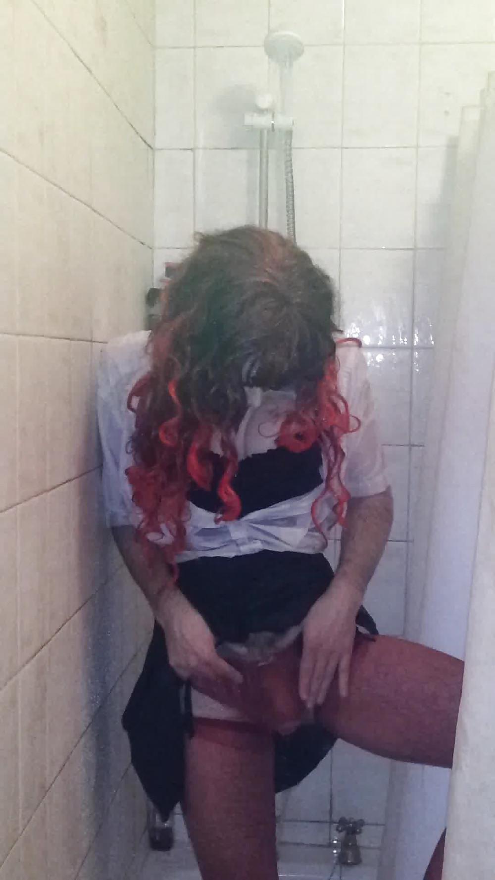 21P CD In the Shower in Black corset with red