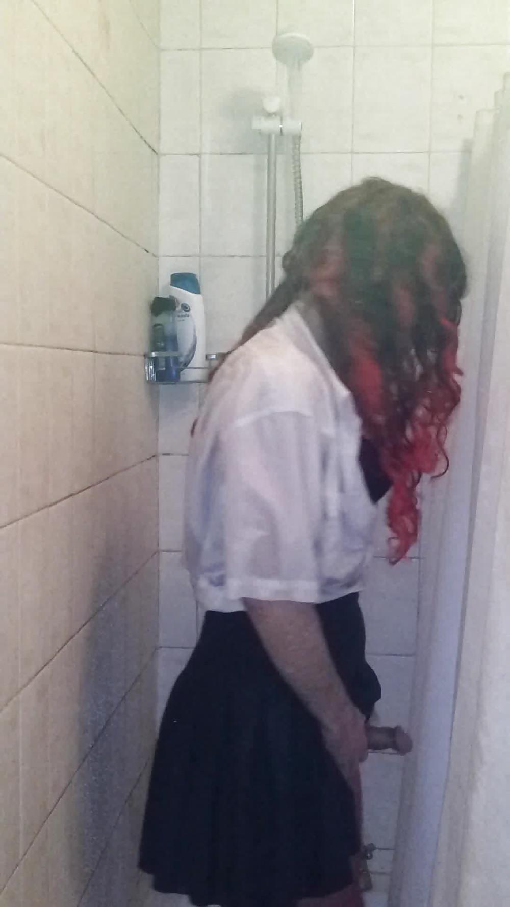 21P CD In the Shower in Black corset with red