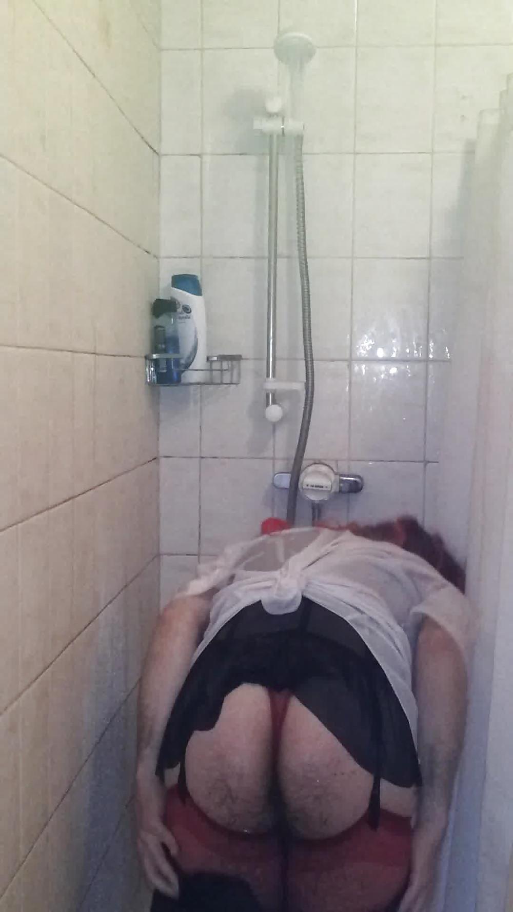 21P CD In the Shower in Black corset with red