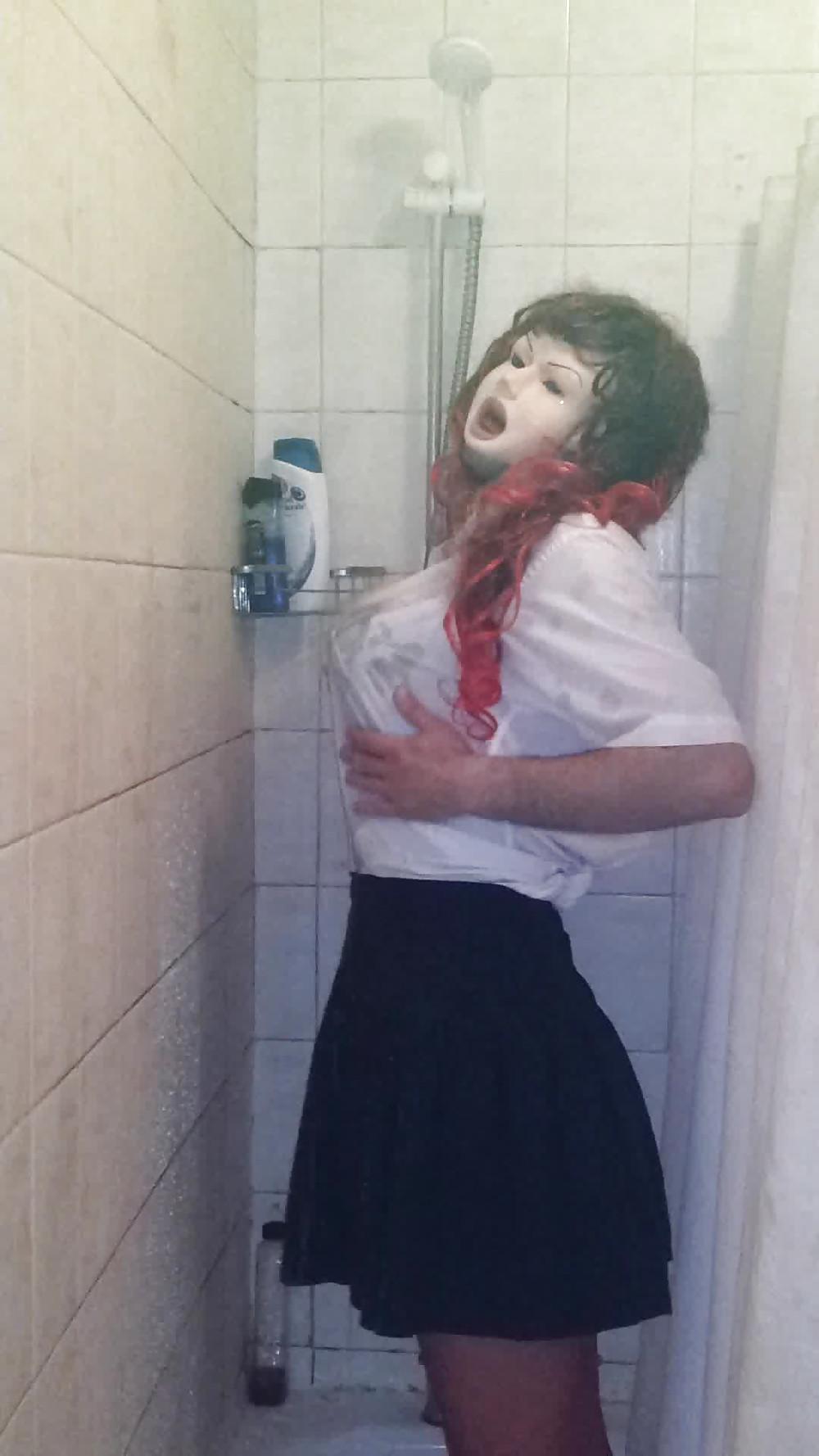 21P CD In the Shower in Black corset with red