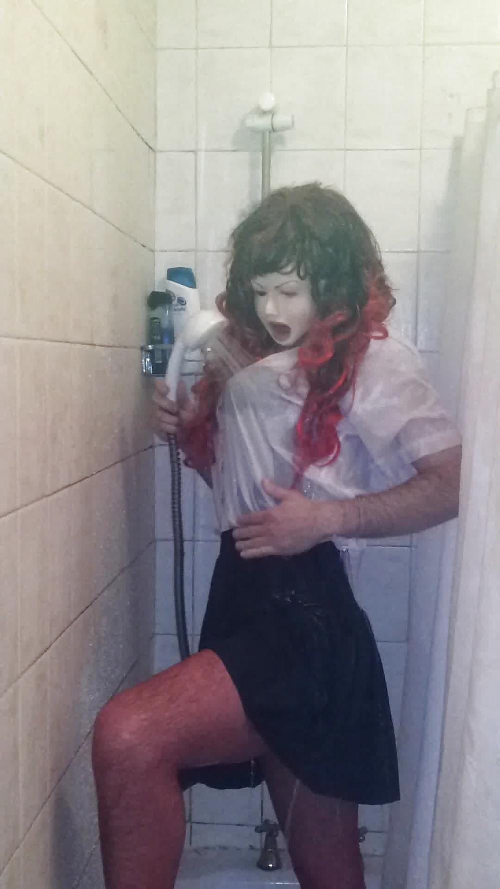 21P CD In the Shower in Black corset with red