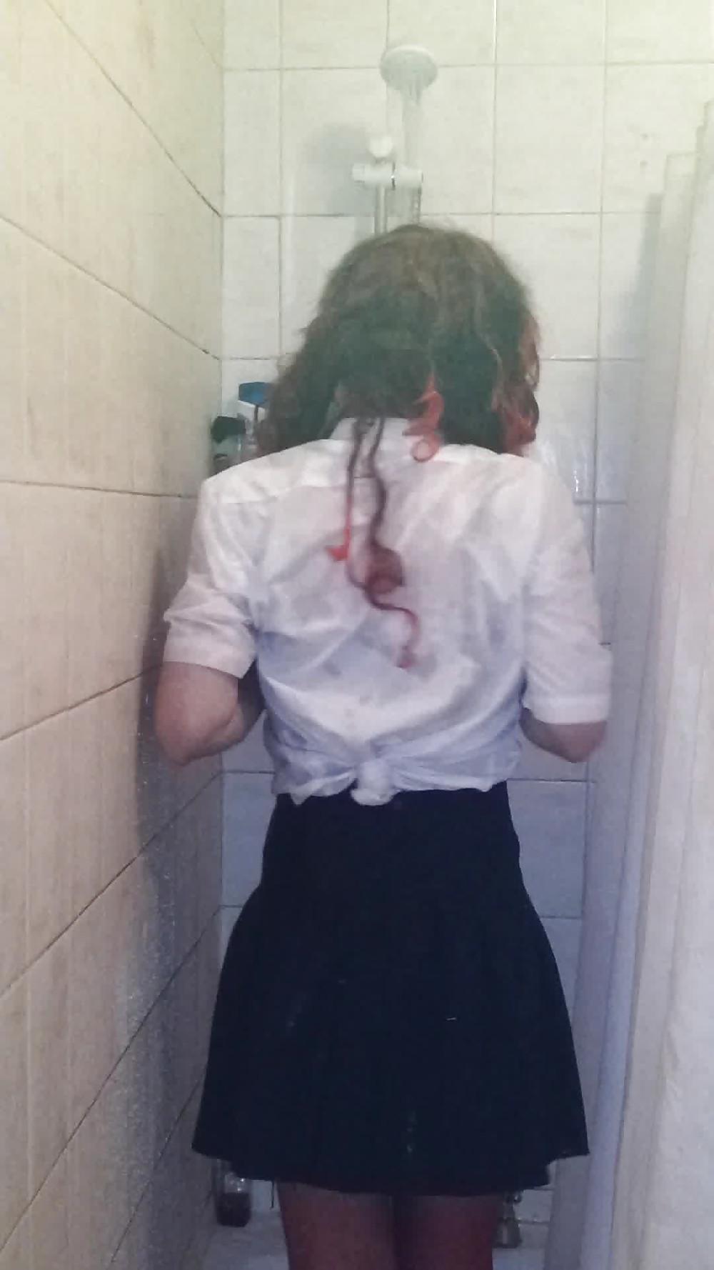 21P CD In the Shower in Black corset with red