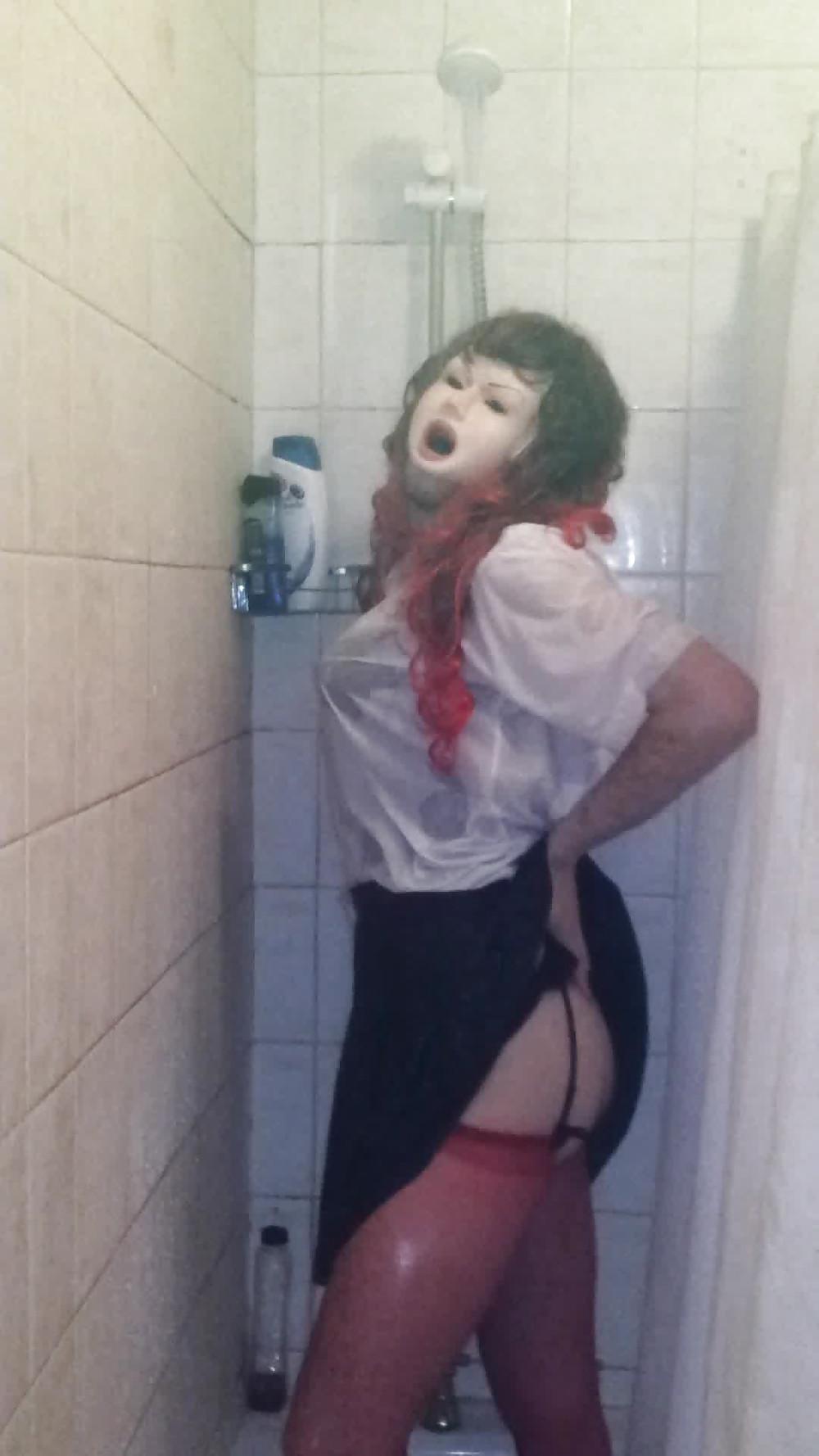 21P CD In the Shower in Black corset with red