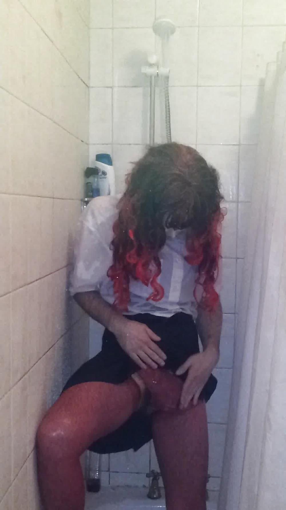 21P CD In the Shower in Black corset with red