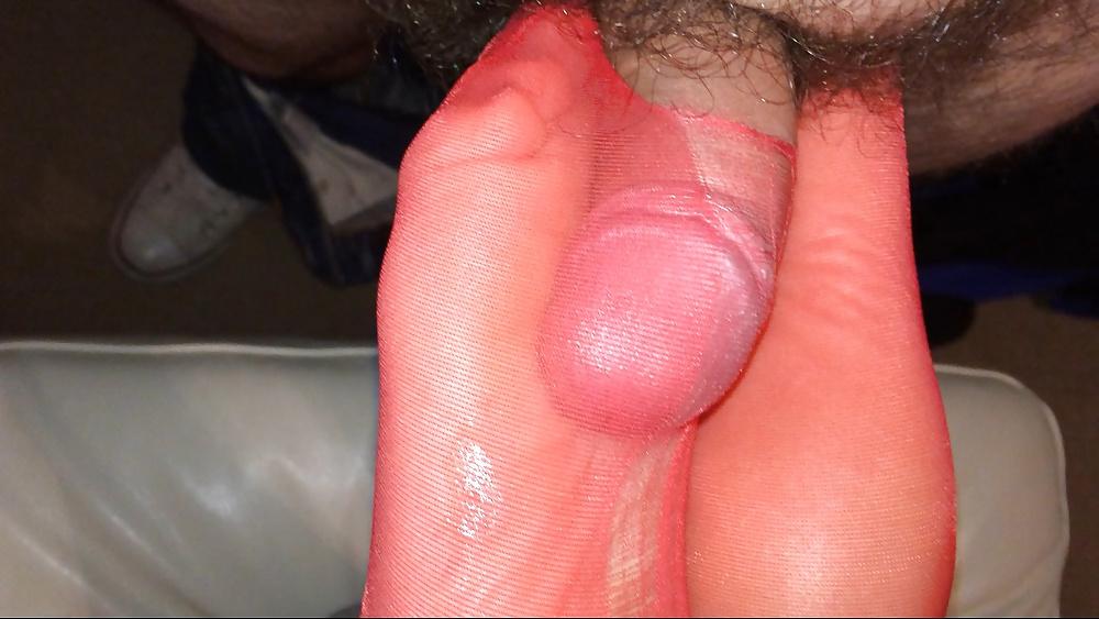 7P Red nylon stocking Footjob 