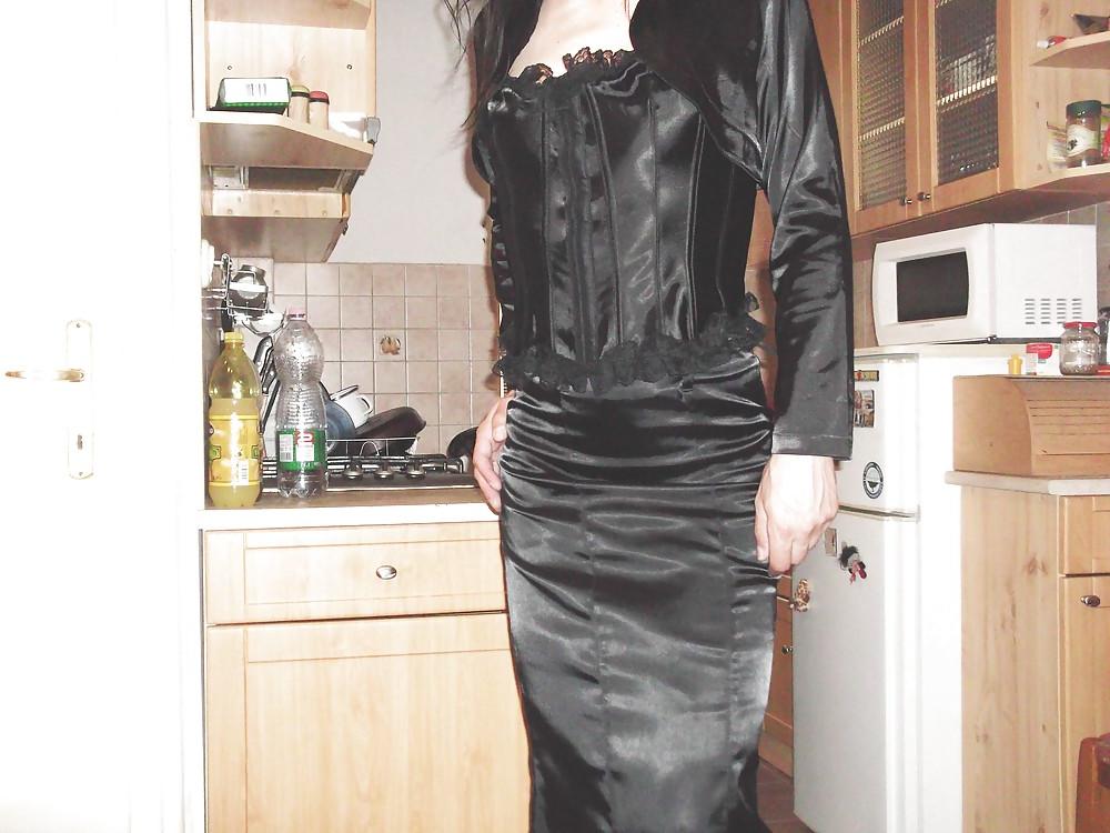 22P Black satin long skirt and black satin corset