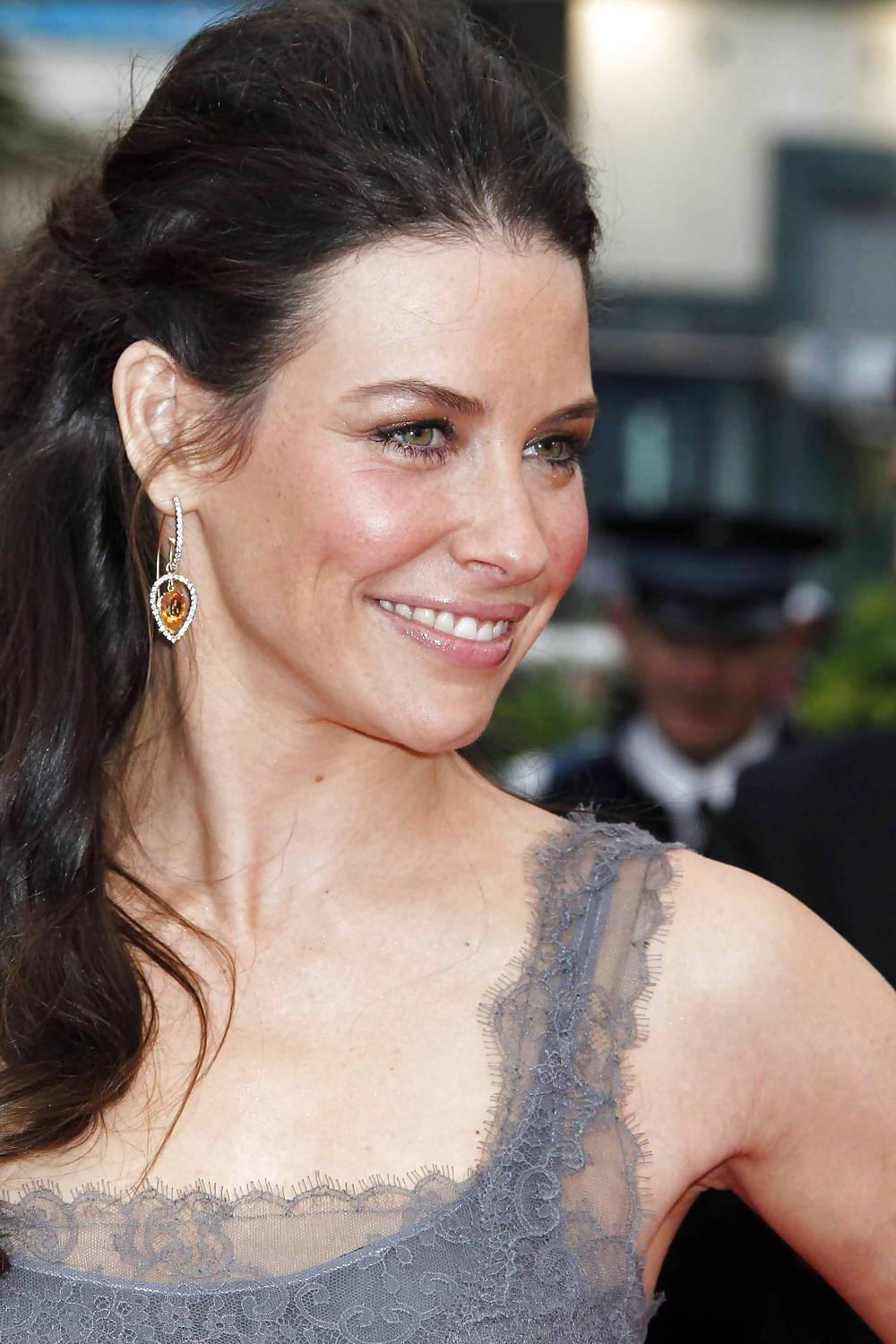 25P Evangeline Lilly HOT in gray evening dress