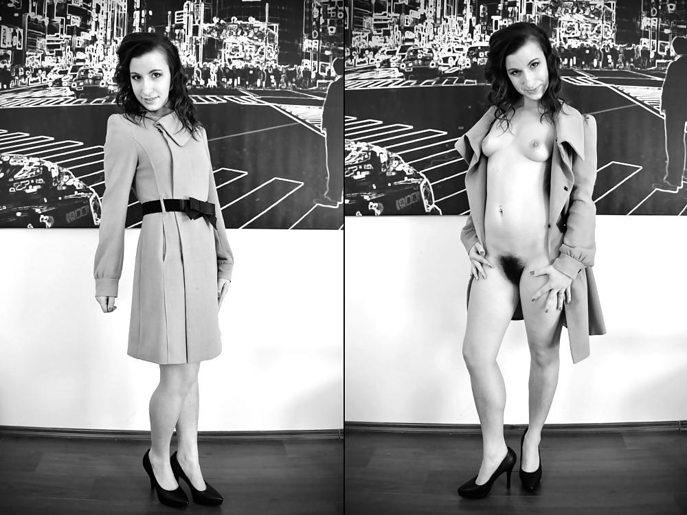 20P Girls undress to show their bushy beaver in Black and White
